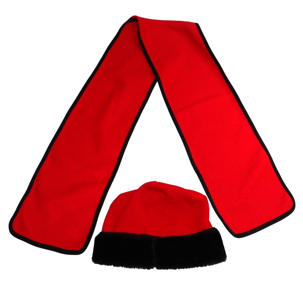 Vintage Kathleen for Sweet‎ Herb Red Fleece Hat and Scarf Set Black Trim